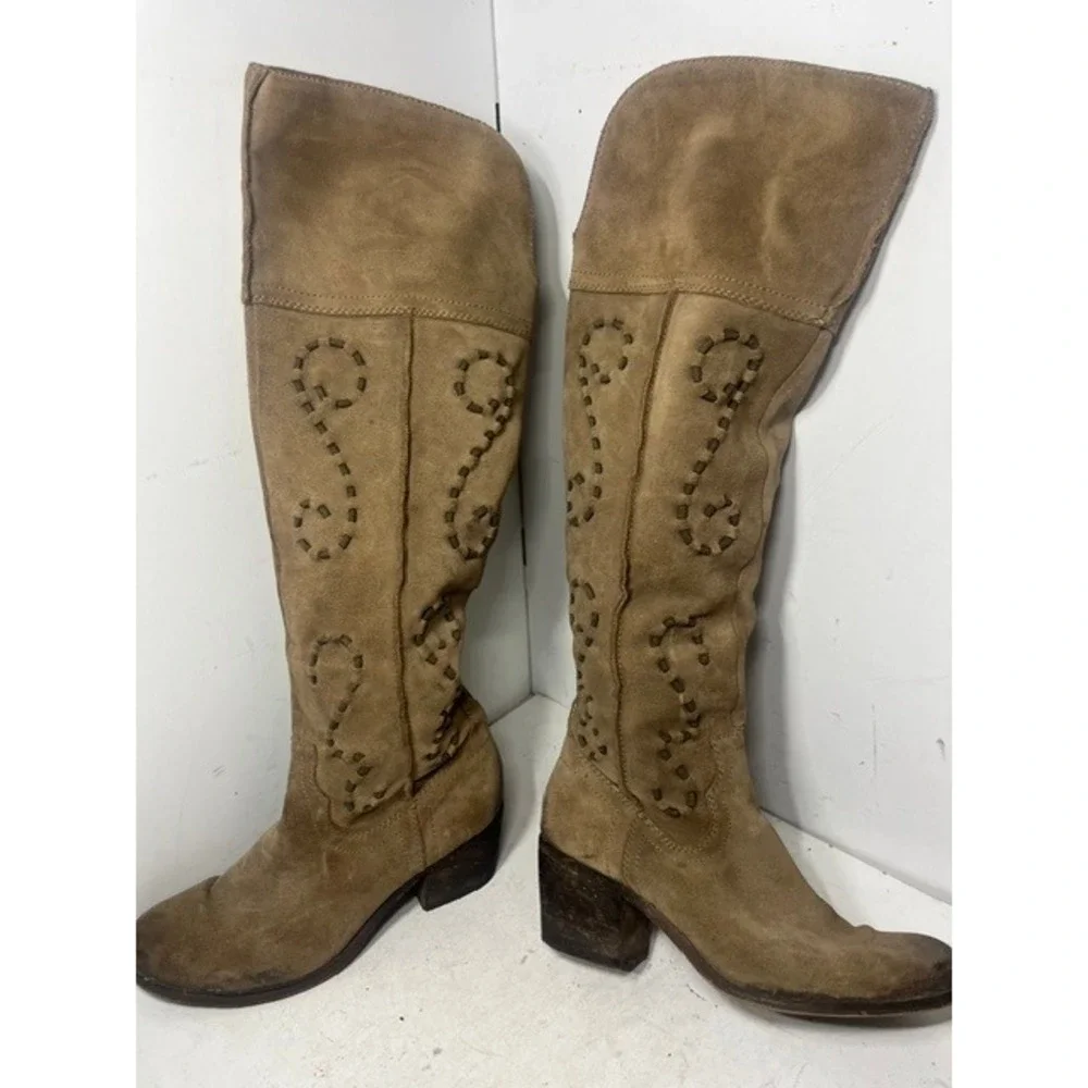 Carlos by Carlos Santana Noble Tan Suede Over The Knee Studded Boots 6.5M